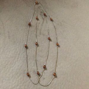 Long Necklace Brown Beaded Silver Chain